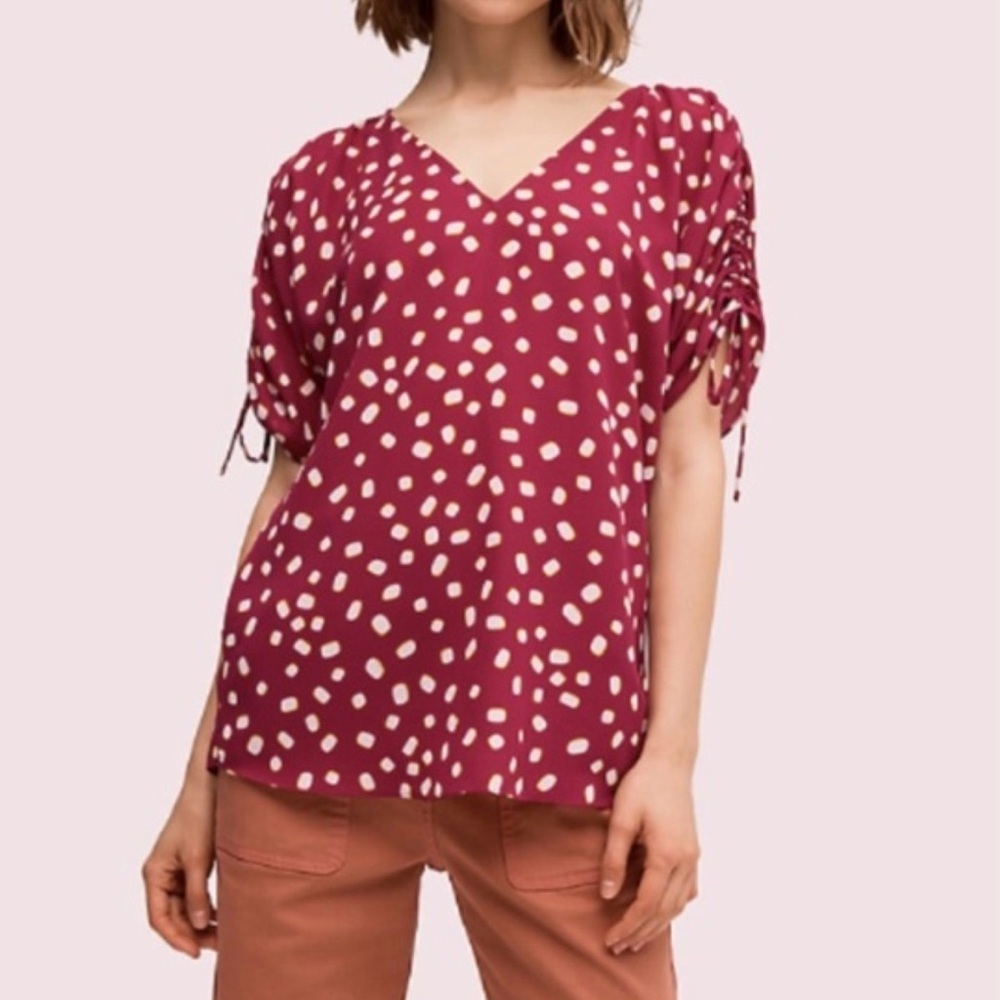 kate spade Burgundy Polka Dot V-Neck Blouse, Size Medium